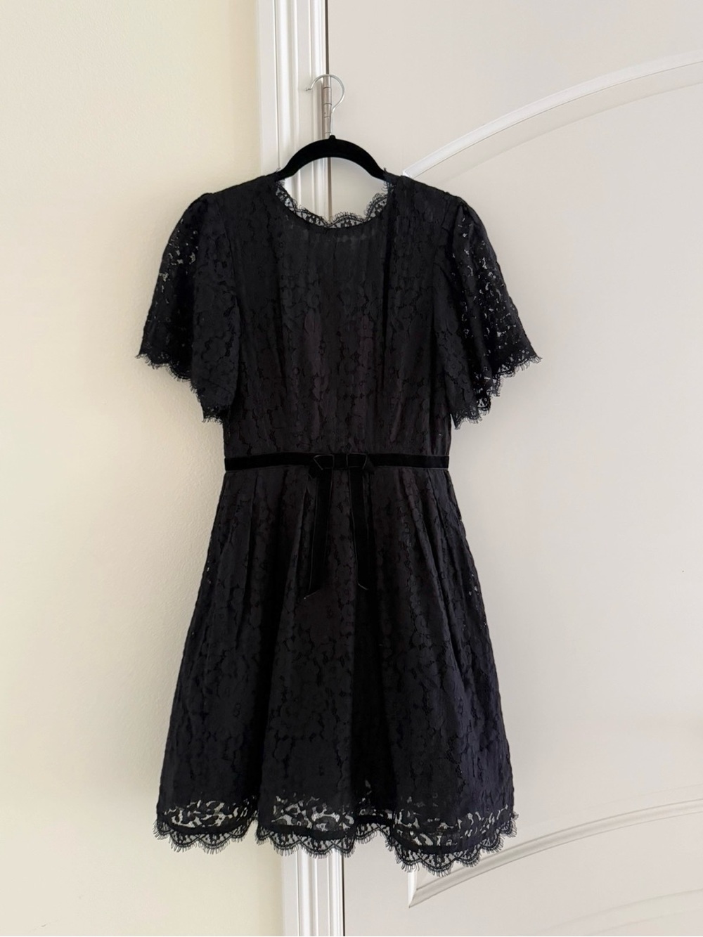Black Lace Fit-and-Flare Dress with Velvet Waist Tie